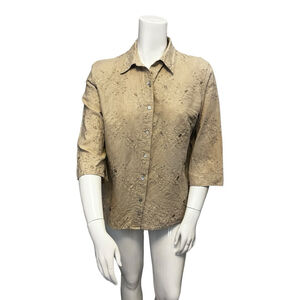 Women's E.col.o.gie Irish Linen Floral Embroidered Button-Up Shirt, XL, Natural